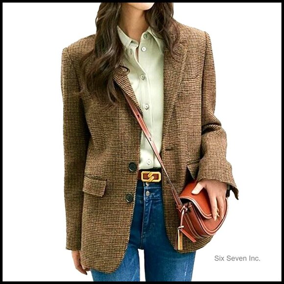 Jackets & Blazers - Wool Blend Blazer Jacket Single Breasted Lapel Plaid Business Work Coat